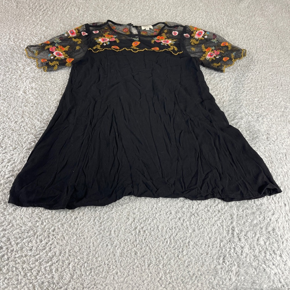 Umgee USA Black Floral Embroidered Mesh Yoke Babydoll Top Large C1193 Boho